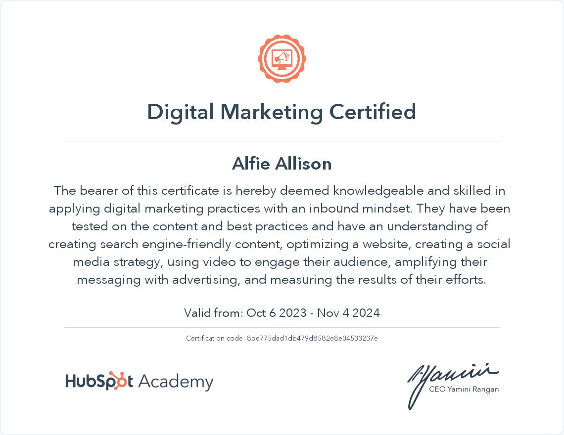 Alfie's certificate in Digital Marketing