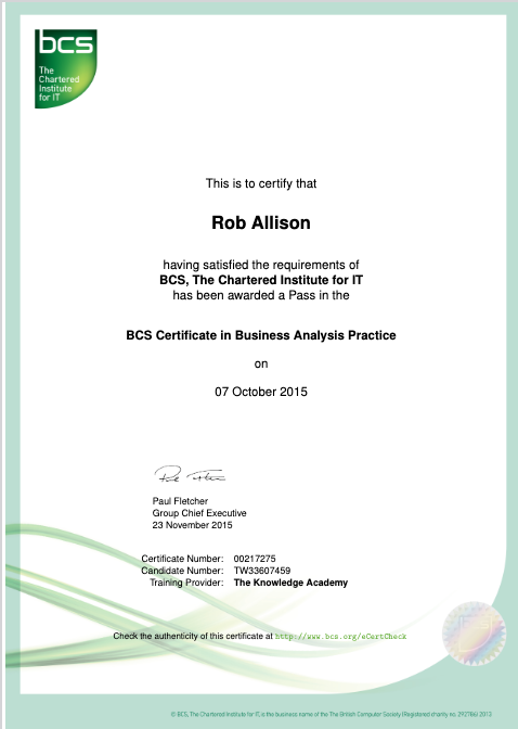 Rob's Business Analysis certificate